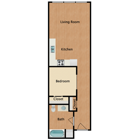 Floor plan for 1 bed, 1 bath, 651 sqft